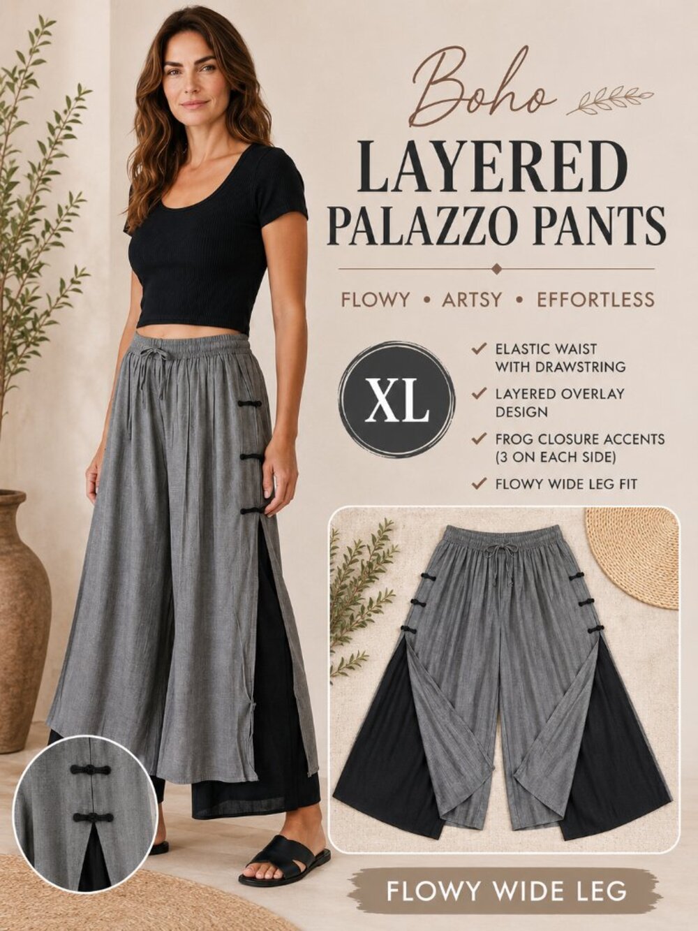 Gray Layered Wide Leg Pants XL Boho Overlay Palazzo Festival Goth